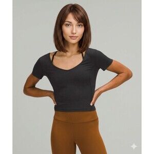 Lululemon Align Cropped Short Sleeve V-Neck Top Black Nulu Fabric  Classic